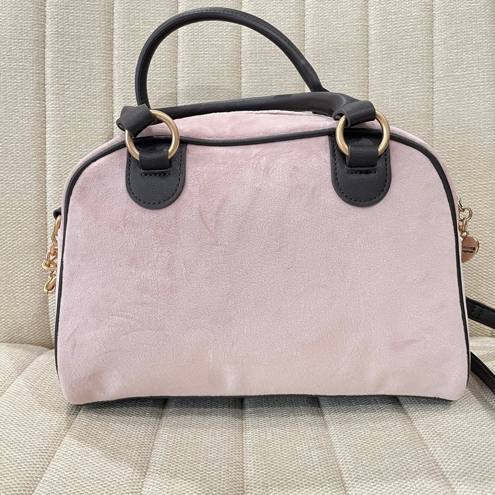 NEW Juicy Couture Pink Velour Satchel Bowler Bag Brown Trim Crossbody Heart - Picture 6 of 8